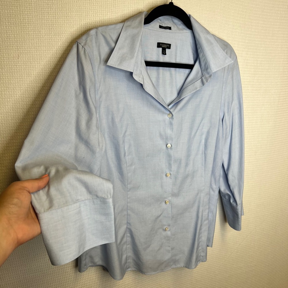 Talbots Light Blue Wrinkle Resistant Cotton Button Down Womens 16 3/4 Sleeve